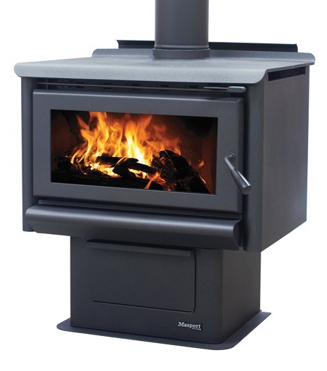 Freestanding radiant wood fire with pedestal ash pan