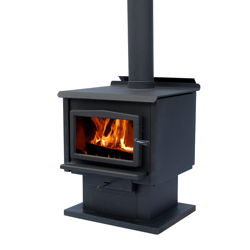 Freestanding radiant wood fire with ash pan