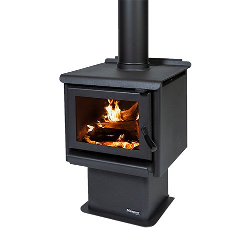 Freestanding radiant wood fire with pedestal