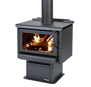Freestanding radiant wood fire with pedestal ash pan