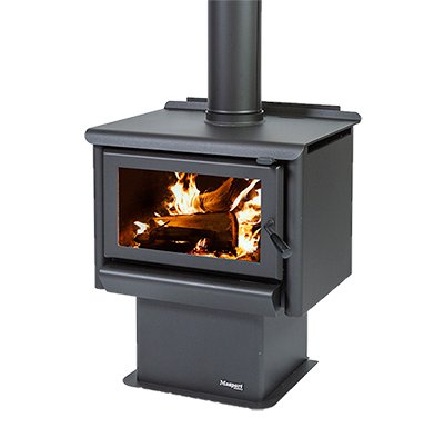 Freestanding radiant wood fire with pedestal