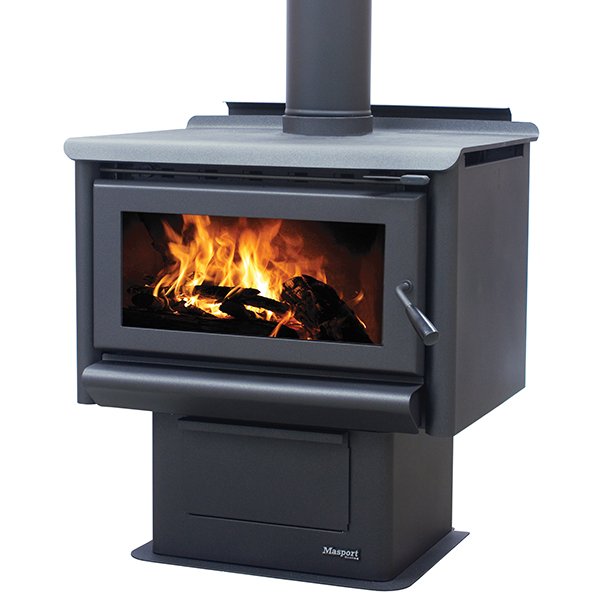 Freestanding radiant wood fire with pedestal and ash pan