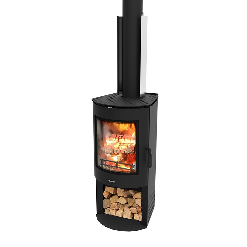 Freestanding radiant wood fire with wood stacker